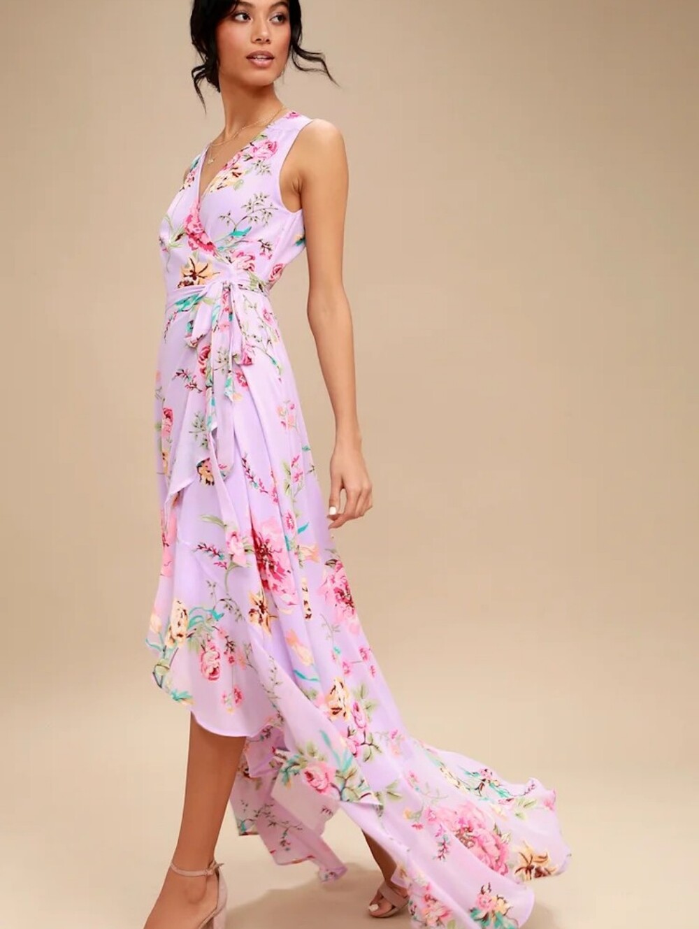 LULU'S Floral Cascading Ruffle Maxi Wrap Dress Women's L Lavender Belted Lined